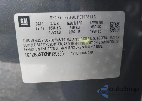 2017 Chevrolet Malibu Ls из США, поврежденный, VIN 1G1ZB5STXHF139396